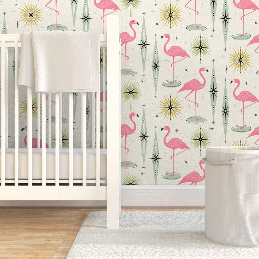 Peel & Stick Wallpaper Swatch - Retro Flamingo Diamonds 1950S Tropical Flamingos Fifties Atomic Custom Removable Wallpaper by Spoonflower