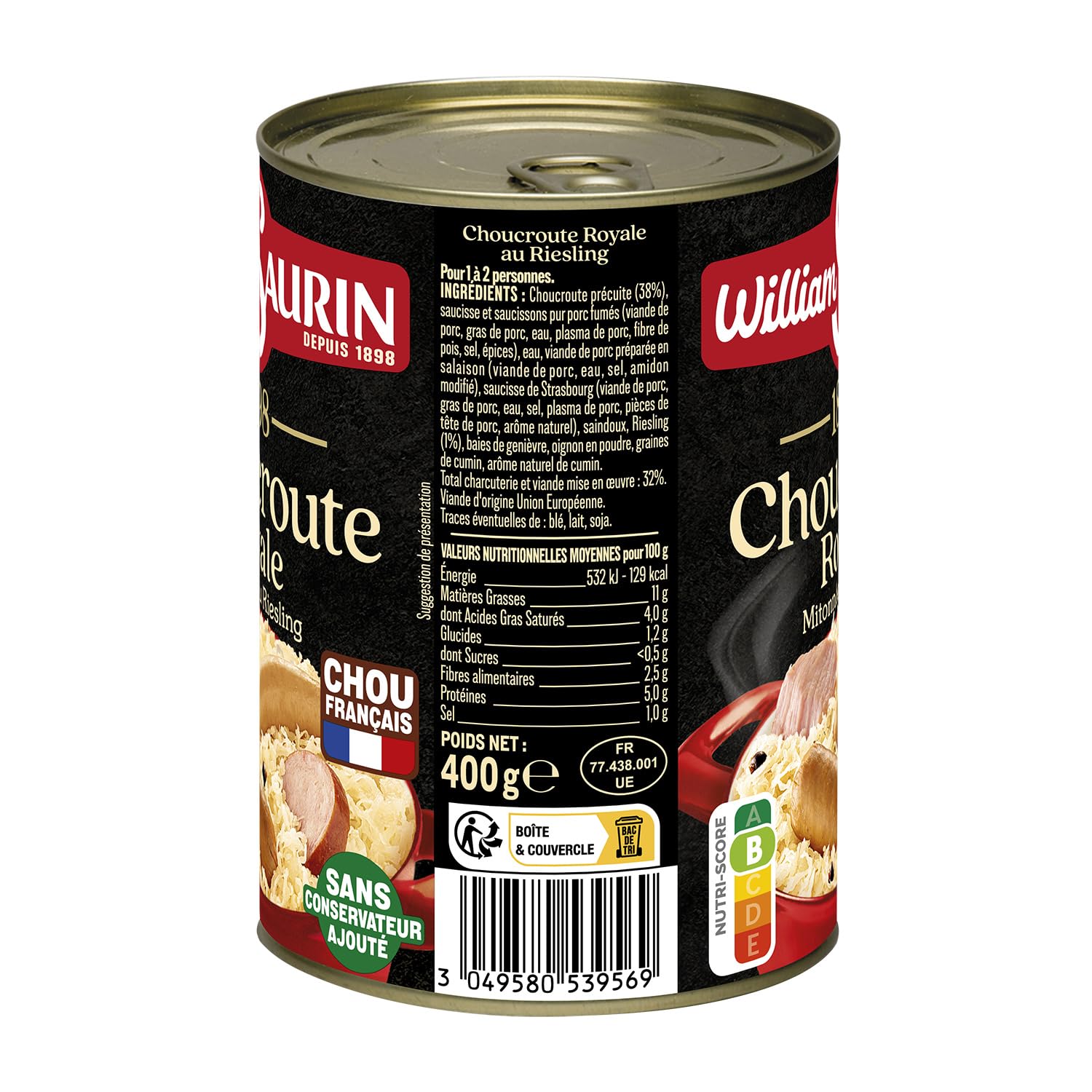 WILLIAM SAURIN Plat Individuel Choucroute Royale au Riesling - Boîte de 400g - Chou Français, Porc et Saucisse de Strasbourg - Sans Conservateur Ajouté - Origine France - Lot de 3