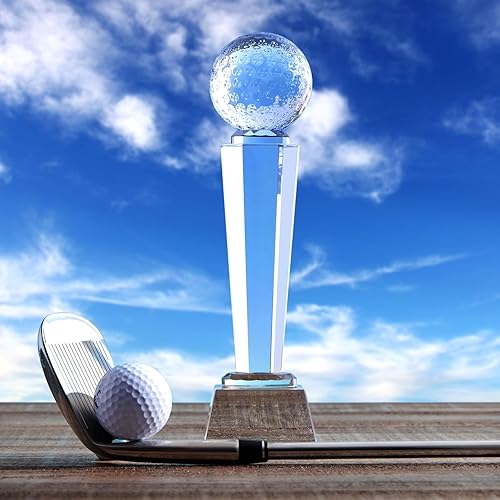 Miniatura 2 de Juvale Trofeo de cristal de golf de 9 pulgadas, transparente, pisapapapeles de escritorio y trofeo de mini golf en caja de regalo, para torneos,
