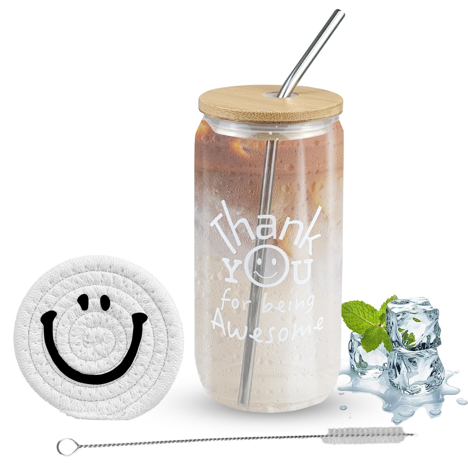 XWGKLN 500ml Glass Cups with Lids and Straws, Leakproof Glass Tumblers Iced Coffee Cup with Lid Stainless Steel Straw & Brush, Thickened Clear Drinking Glasses for Smoothies Cocktail Beer Cold Drinks