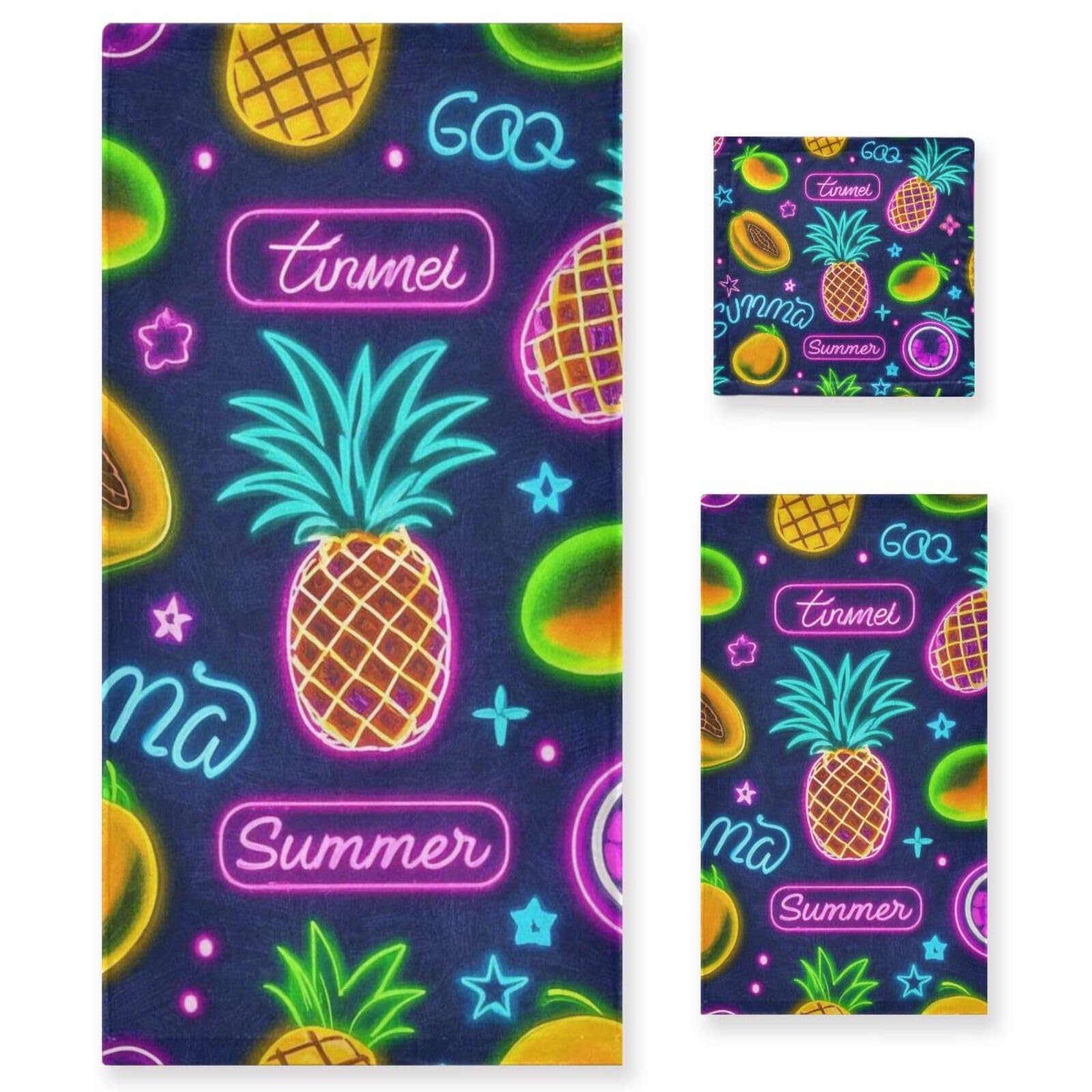 Letni neonowy owoc ananas owoce czyszczenie ręczników do twarzy zestaw 3 sztuk, 1 ręcznik kąpielowy 1 ręcznik do rąk 1 myjka do kuchni łazienki jogi siłowni