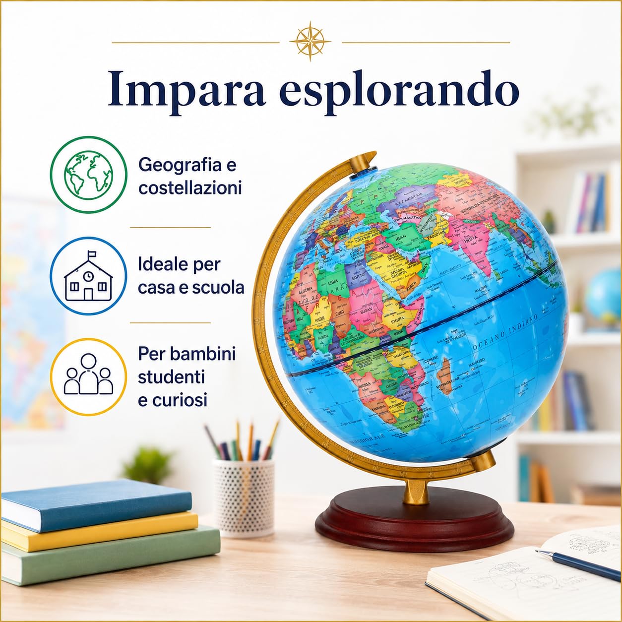 Exerz Mappamondo Illuminato 20 cm con Mappa Italiana e Costellazioni | Base in legno effetto palissandro arco metallico dorato luce LED USB per camera studio scuola regalo