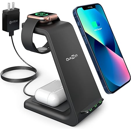 Quezqa Wireless Charging Stand – 3 in 1 Fast Wireless Charger – Qi Charging Station Dock Compatible with AirPods Pro Apple Watch SE 6 5 4 3 2 iPhone 13 Pro Max 12 11 Pro Max Xs Xr with QC3.0 Adapter