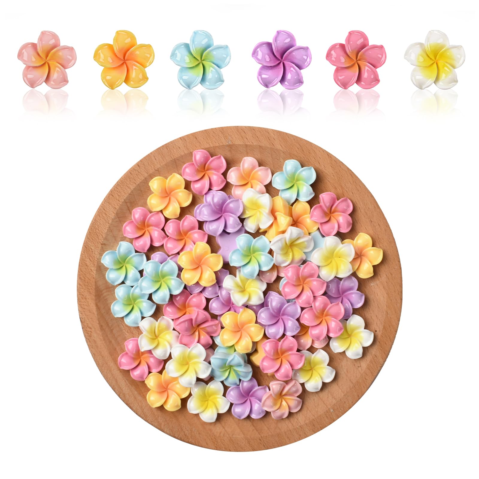 HUIANER 50PCS Resin Flower Assorted Colors Mini Plumeria Flower Flatback flowers for Bridal Hair Clips Headbands Dress DIY Accessories Wedding Party Supply Table Decorative