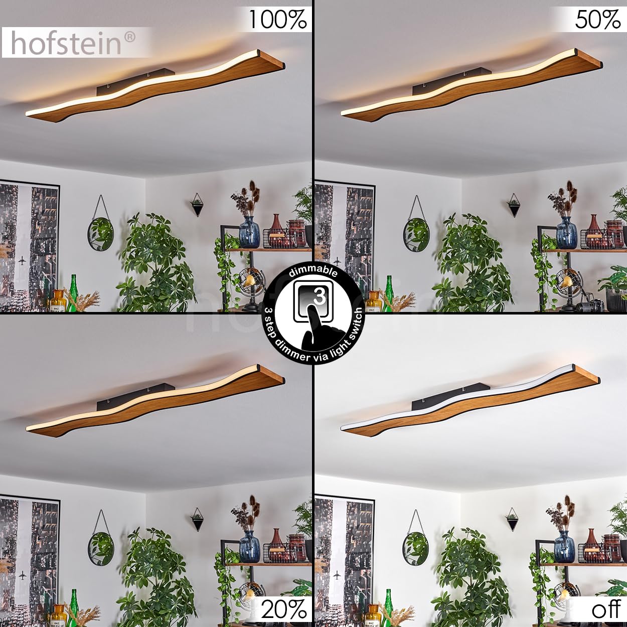 HOFSTEIN LED Deckenleuchte Malling, dimmbare Deckenlampe aus Metall/Holz/Kunststoff in Schwarz/Natur/Weiß, Leuchte im modernen Design, 40 Watt, 2100 Lumen, 3000 Kelvin, dimmbar über Lichtschalter