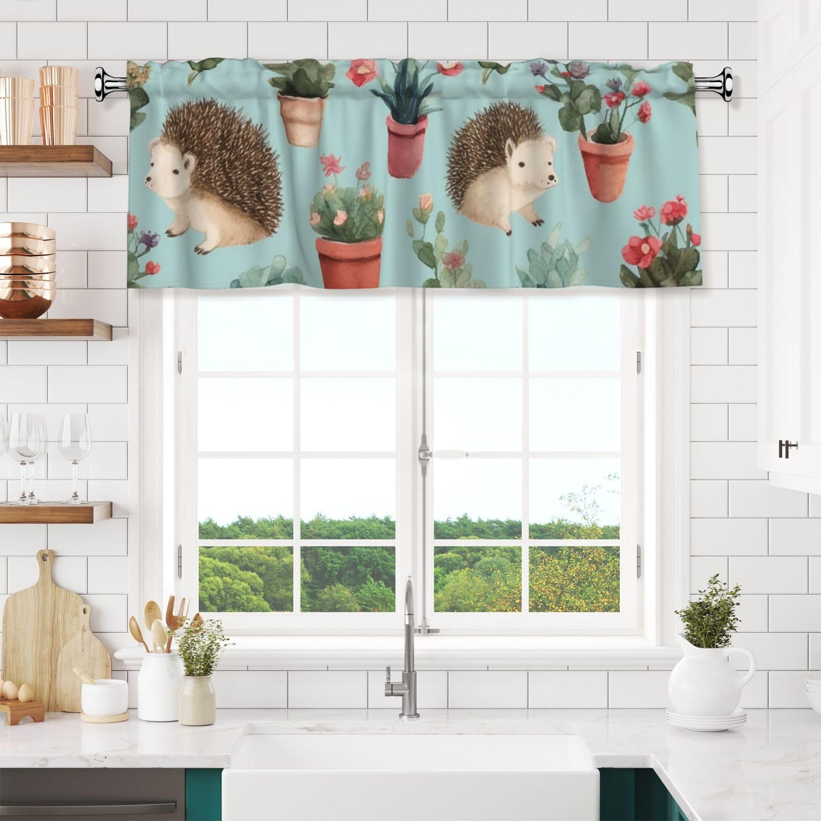 NONHAI Hedgehog Potted Flower Valances for Windows Short Curtains Rod Pocket Cafe Window Treatments Valance Curtains for Kitchen Bathroom Laundry Basement Windows 54x18inch Blackout Window Valance