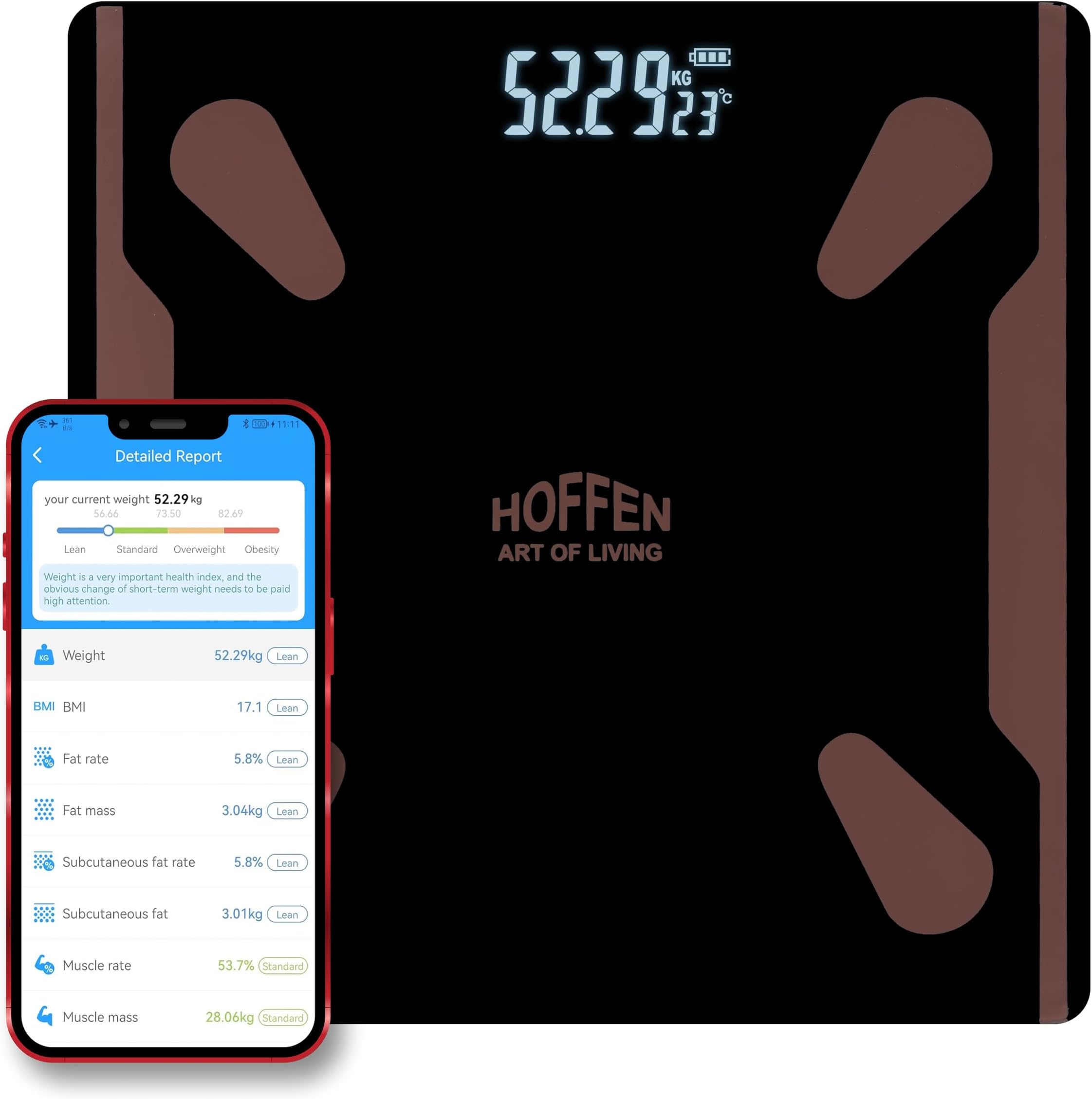 Hoffen (Made in India) HO-9 Bluetooth BMI,BMR Weight Machine for Body Weight With 25 Essential Body Parameters | Body Composition | Free Bluetooth Mobile APP | Easy App Sync - 2 Years Warranty