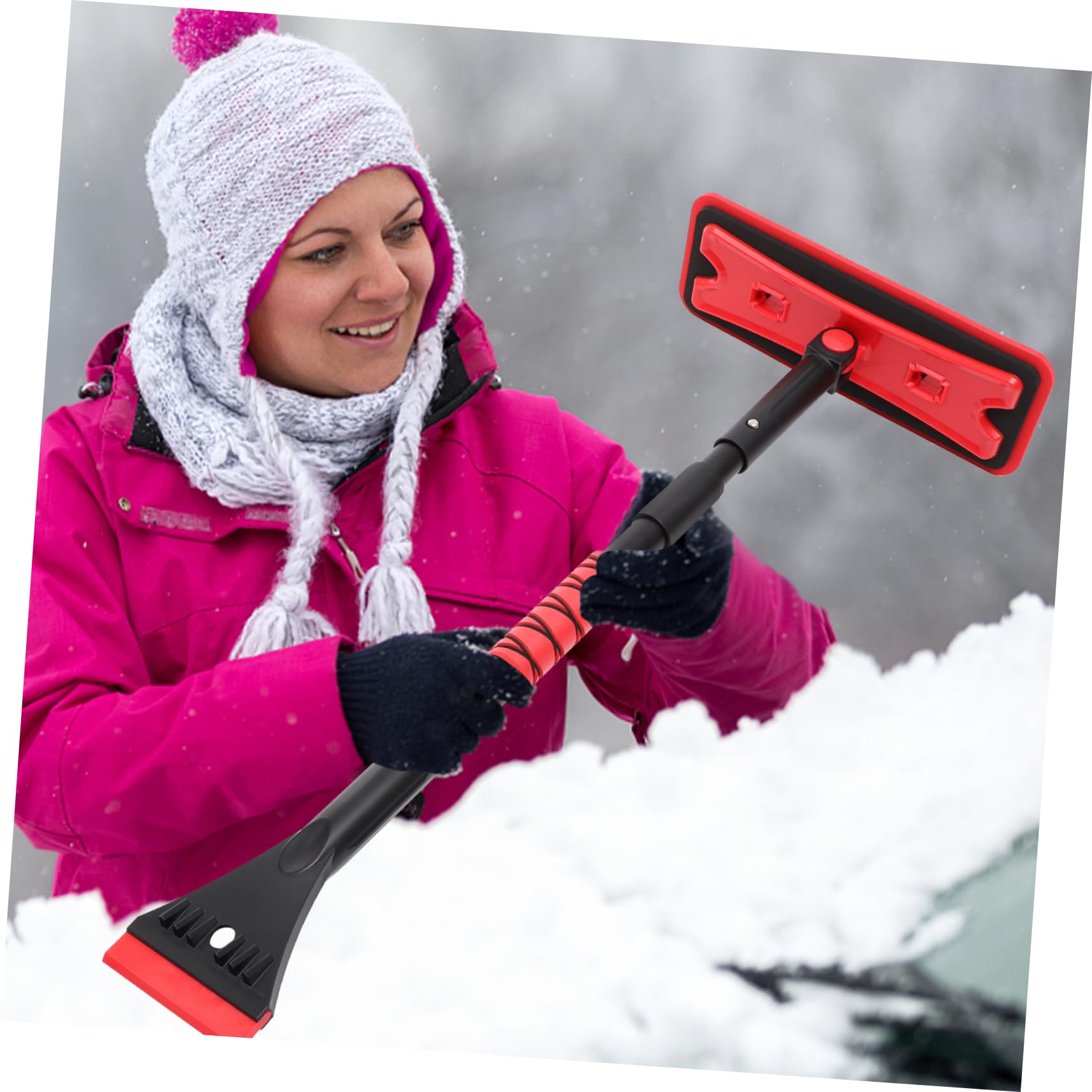 ORFOFE Grattoir À Glace Manche Extensible Balai À Neige Outil De Déneigement pour Pare-Brise Multi-usages Rouge