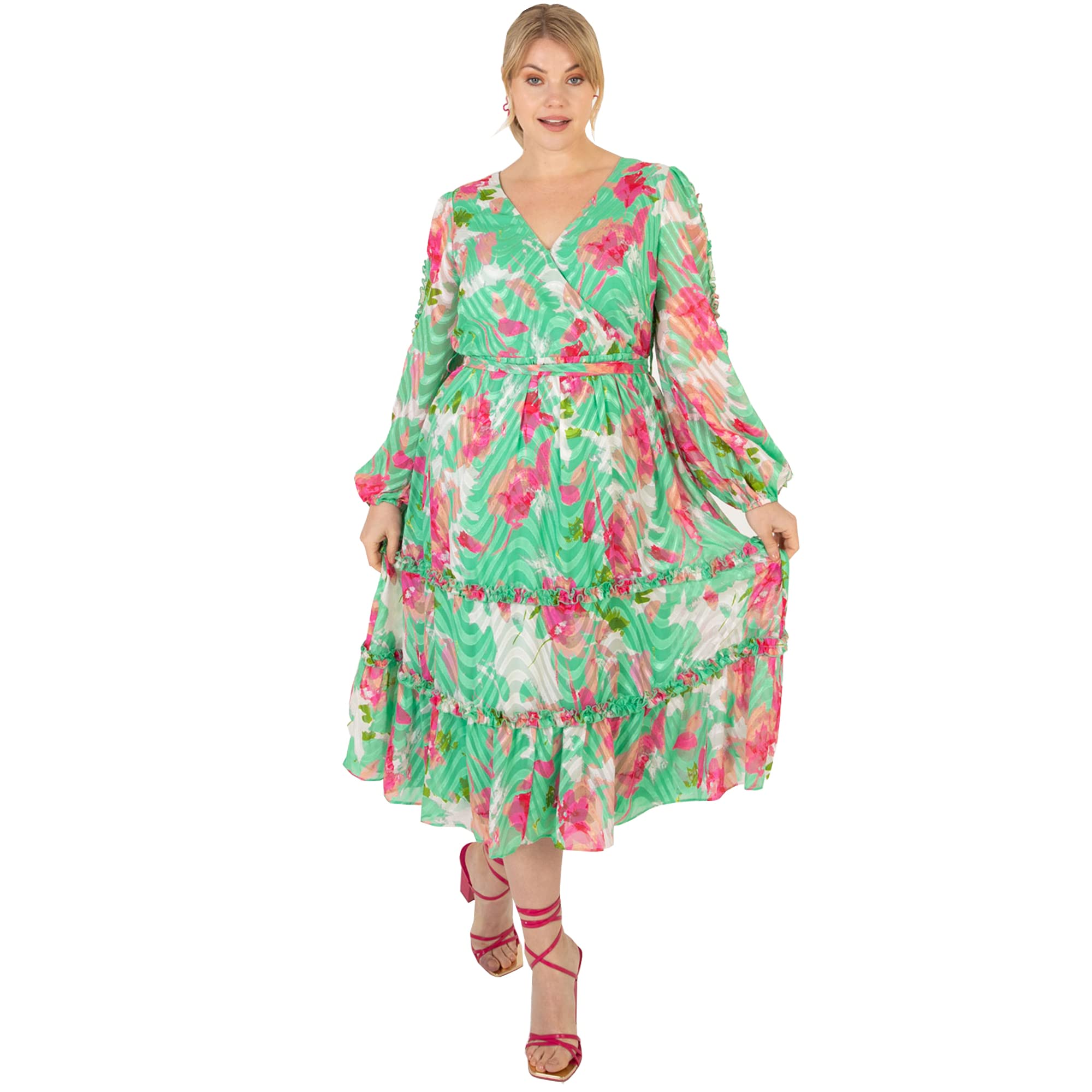 Lovedrobe Plus Size Dresses for Womens Ladies Long Sleeve Maxi Dress Green Print Size 26