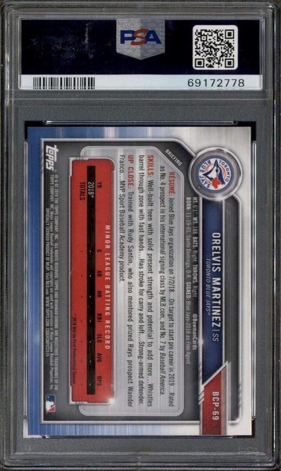 Graded 2019 Topps Bowman Orelvis Martinez #69 Prospects Chrome Rookie RC Baseball Card PSA 10 Gem Mint