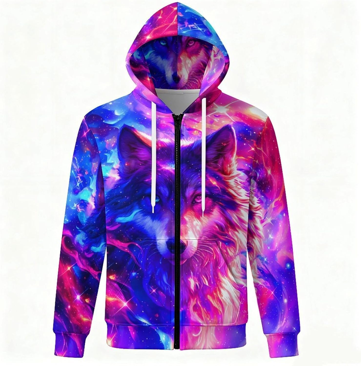 Mens Zip Up Hoodie 3D Galaxy Wolf Printed Pullover Hoodies Casual Sweatshirt Streetwear - Image 2