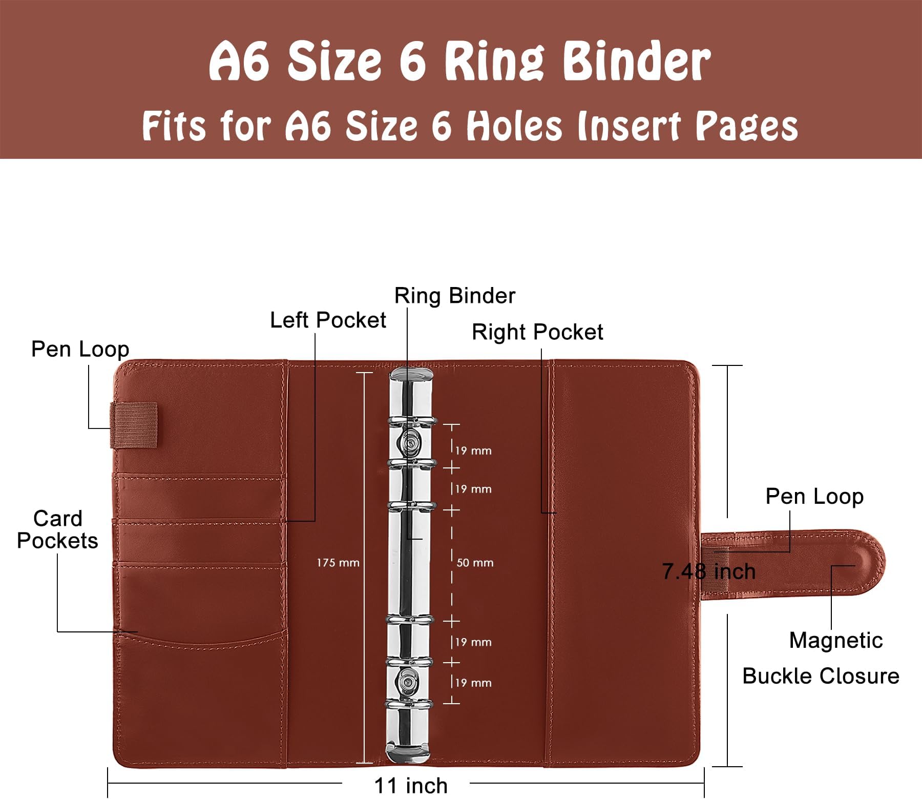 Antner A6 Binder 6 Ring Refillable Budget Planner Cover for A6 Paper PU Leather Loose Leaf Personal Budget Planner Money Organizer Binder Wallet Cash Holder Magnetic Buckle Closure Brown