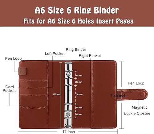 Vista 101 de Antner - Archivador de piel sintética con 6 anillos, para papel de tamaño A6, agenda personal con hojas sueltas y cubierta con cierre magnético