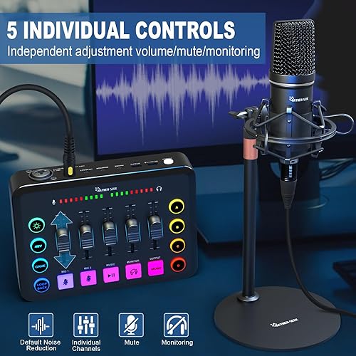 Miniatura 5 de Paquete de equipo de podcast para 2, interfaz de audio RGB con micrófono de condensador XLR y micrófono de 0.138 in, silencio, potencia fantasma de