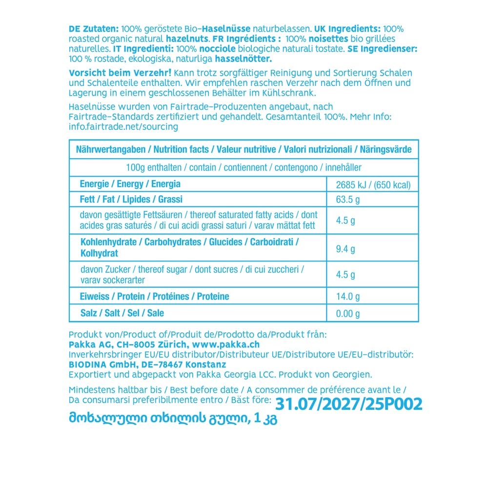 PAKKA Bio aromatische Premium Jumbo Fairtrade Haselnüsse nature, geröstet, 1kg, georgische Haselnusskerne, Öko & Fairtrade, direkt hergestellt und abgefüllt in Sugdidi Georgien, vegan, Nüsse, 1000g