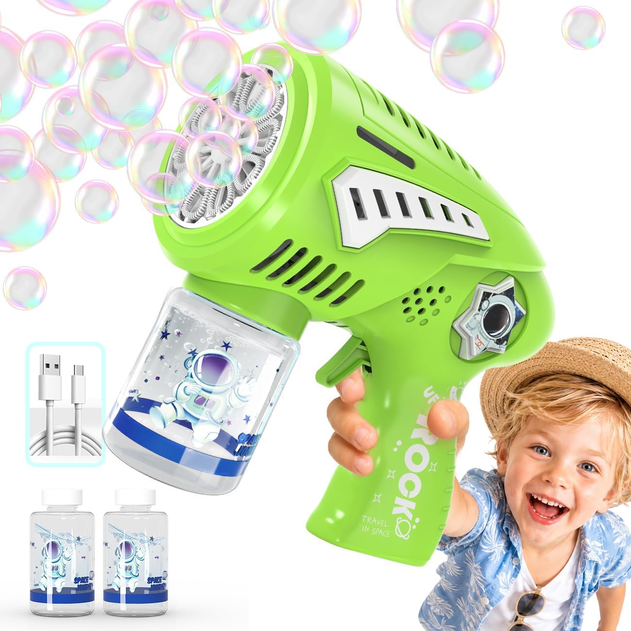 Big Bubble Gun - Bubble Machine for Kids with USB-C Rechargeable, Make Larger Bubbles, LED Light - Bubble Toys Gifts Ages 3+ for Boys, Girls, Easter, Outdoor, Birthday Favor, Party Use