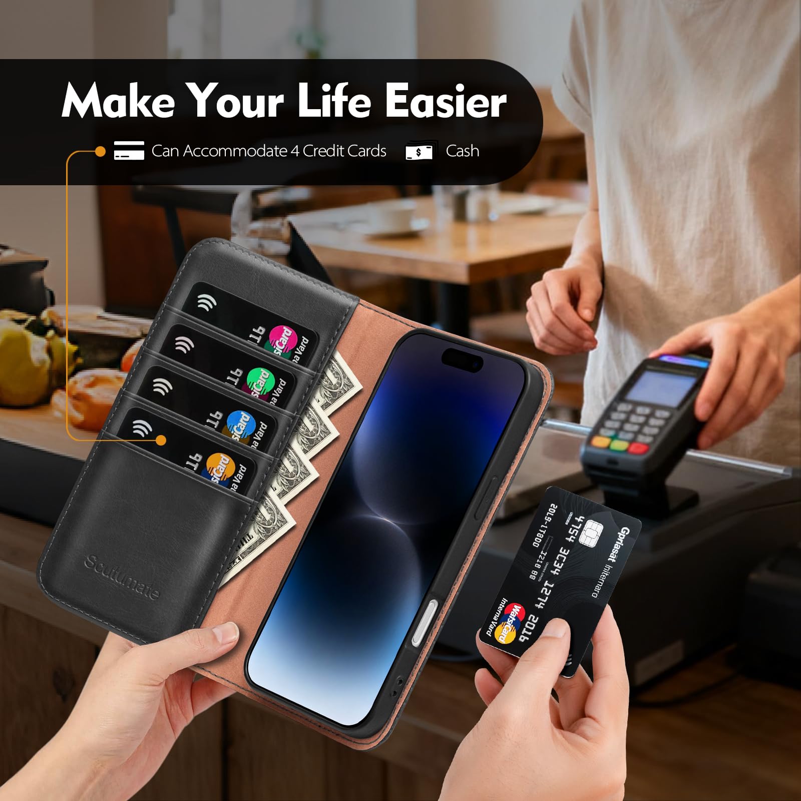 Custodia a portafoglio compatibile con iPhone 16 Plus con porta carte di credito [4 slot per schede] cavalletto [blocco RFID] custodia protettiva a portafoglio in pelle PU antiurto per Apple