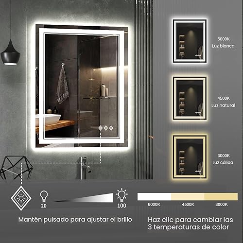 Miniatura 5 de Espejo LED de baño, 24 x 32 pulgadas, gradiente frontal y retroiluminado LED para baño, 3 colores regulables CRI90 luces dobles, IP54 mejorado,