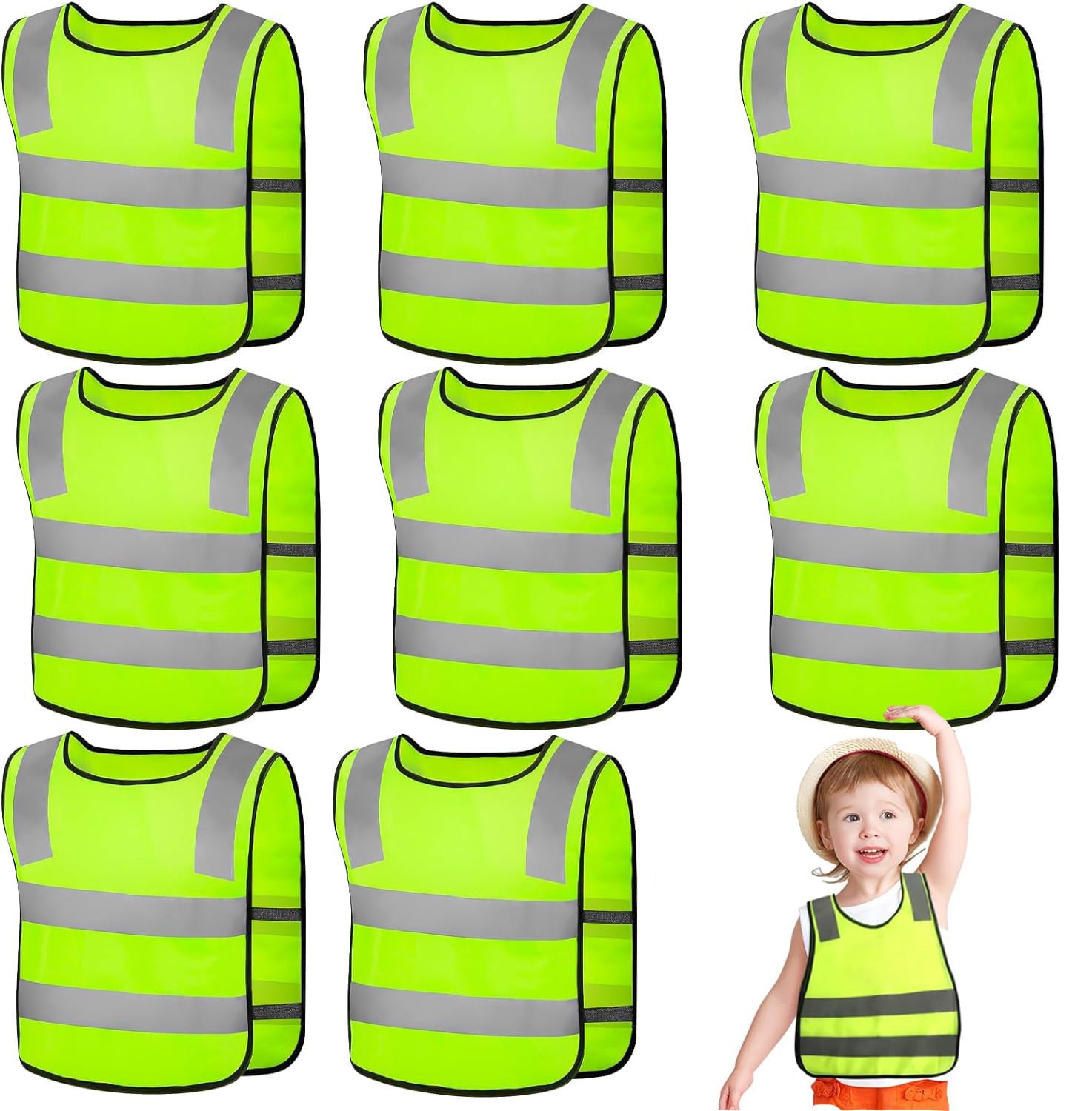 8 Pièces Gilet de Sécurité pour Enfants, 360° Visibilité à Gilet Réfléchissante pour 3-12 Ans Enfants, Gilet Jaune Réfléchissant Oui Nuit Marche Idéale pour Garçons et Filles (Taille Universelle)
