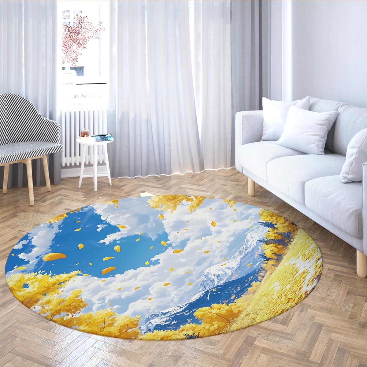 Rustykalny zmywalny okrągły dywan na zewnątrz 150 cm spokojny jesienny las szczyty śnieżne szczyty okrągły antypoślizgowy dywan do dekoracji domu sofa
