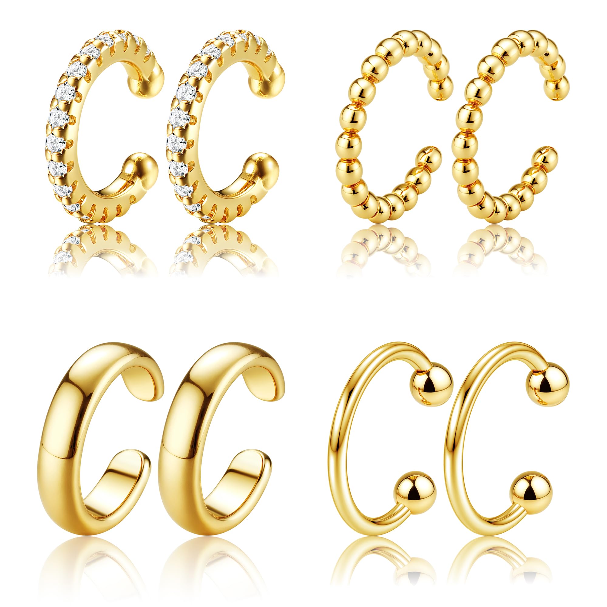 Gold Plated Ear Cuff Earrings for Women Non Piercing - Hypoallergenic Ear Cuffs Silver/Gold Non Tarnish Clip on Cartilage Earrings Fake Earring Set Trendy Jewelry 4Pairs