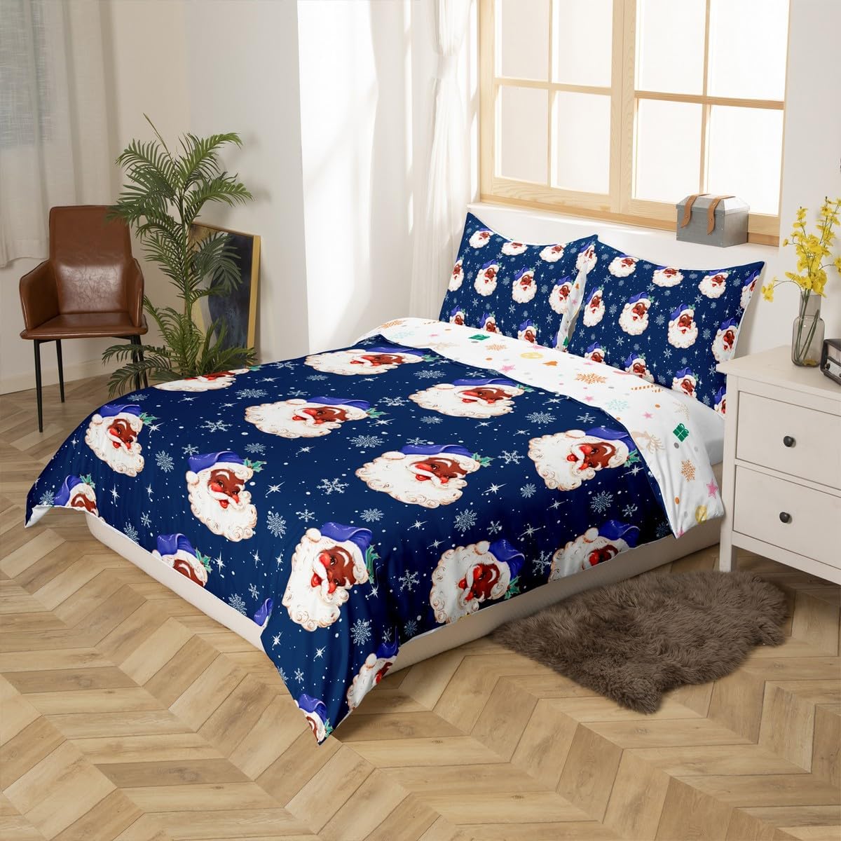Feelyou Merry Christmas Duvet Cover King Size Black Santa Claus Comforter Cover for Boys Girls Navy Blue Xmas Winter Holiday Bedding Set 3Pcs Room Decor