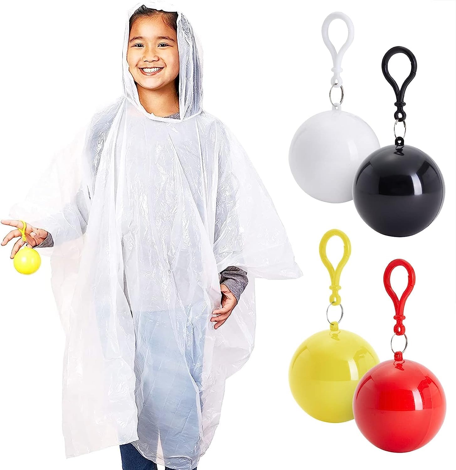 GDTOMEEU4 Pack Disposable Rain Ponchos for Kids with Hood and Attachable Round Case, Traveling Camping Outdoor Sports, Clear Plastic Raincoats for Emergency, Girls, Boys (Multicolor)