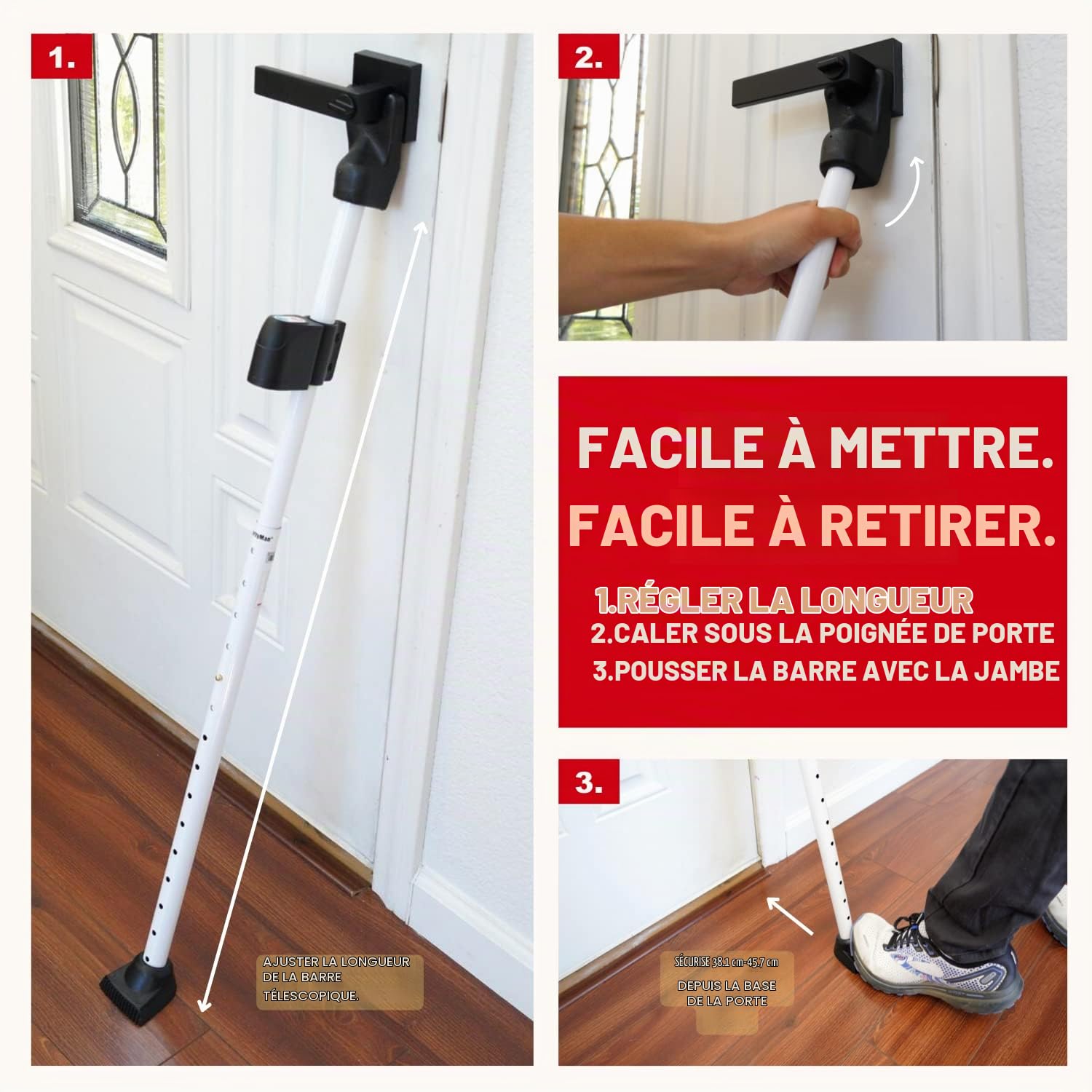Securityman Barre de sécurité pour porte avec alarme | Sécurité de porte coulissante | Butée de porte (alarme extra forte de 120 dB) Profitez de la tranquillité d'esprit avec un bâton d'alarme durable