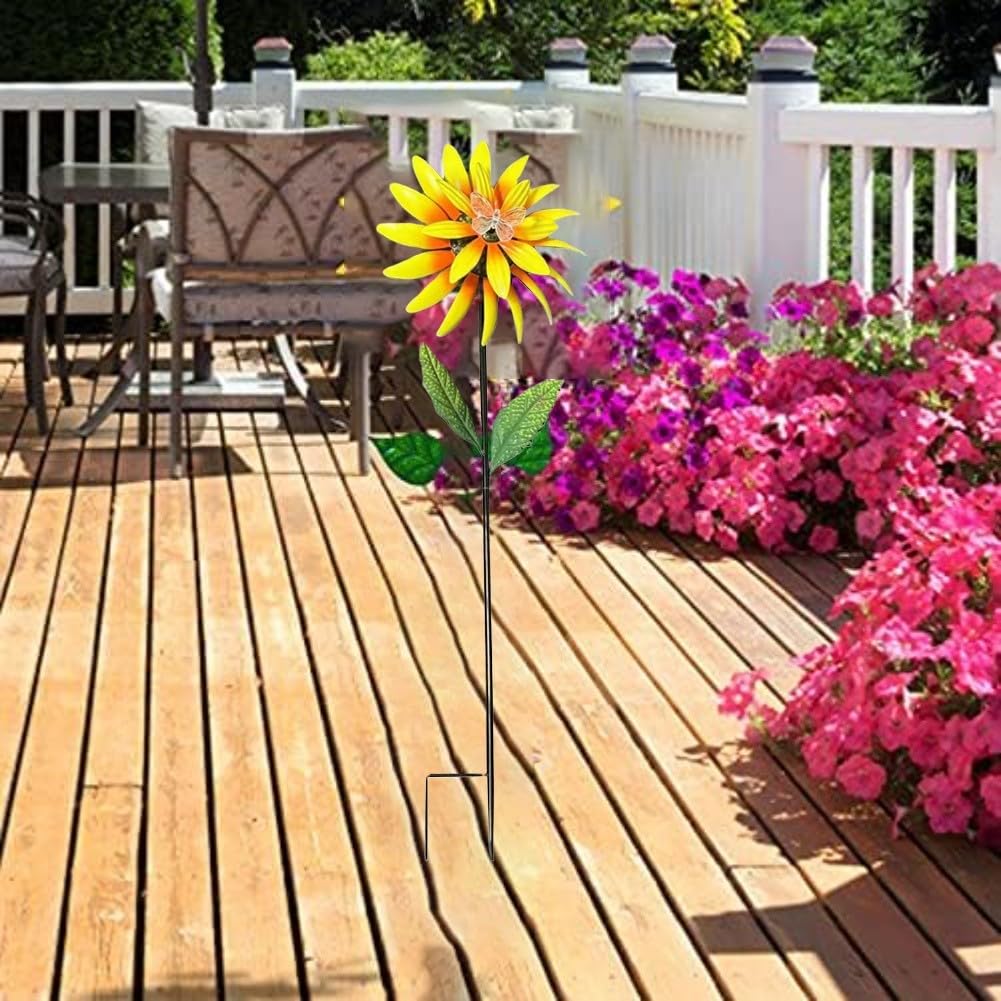 Girandola a vento in metallo, a energia solare, decorazione da giardino con luci, 89 cm, in acciaio, per esterni (giallo)