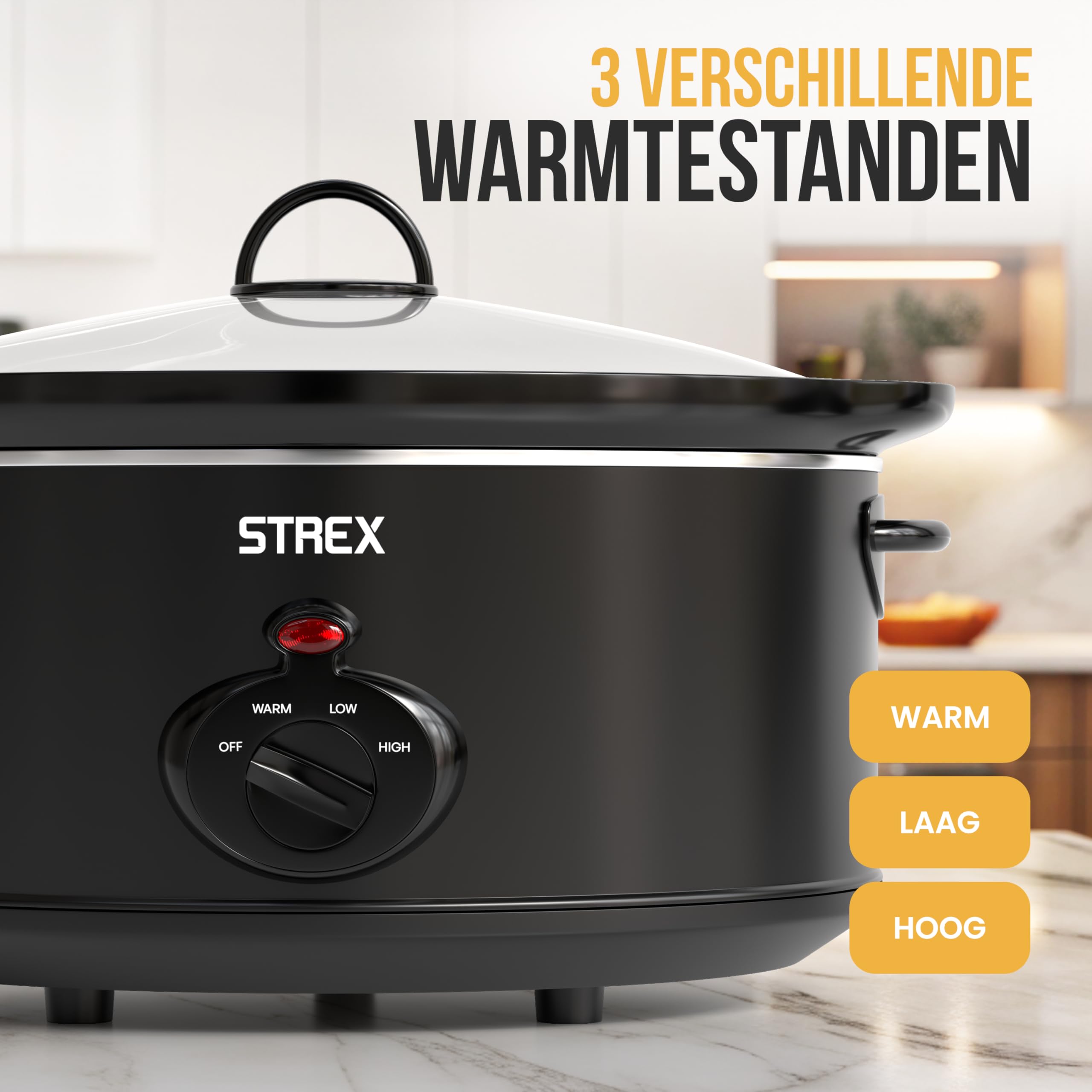 Strex Olla de cocción lenta 6.5L - Sartén interior de cerámica extraíble - Función mantener caliente - olla de cocción lenta - Negro