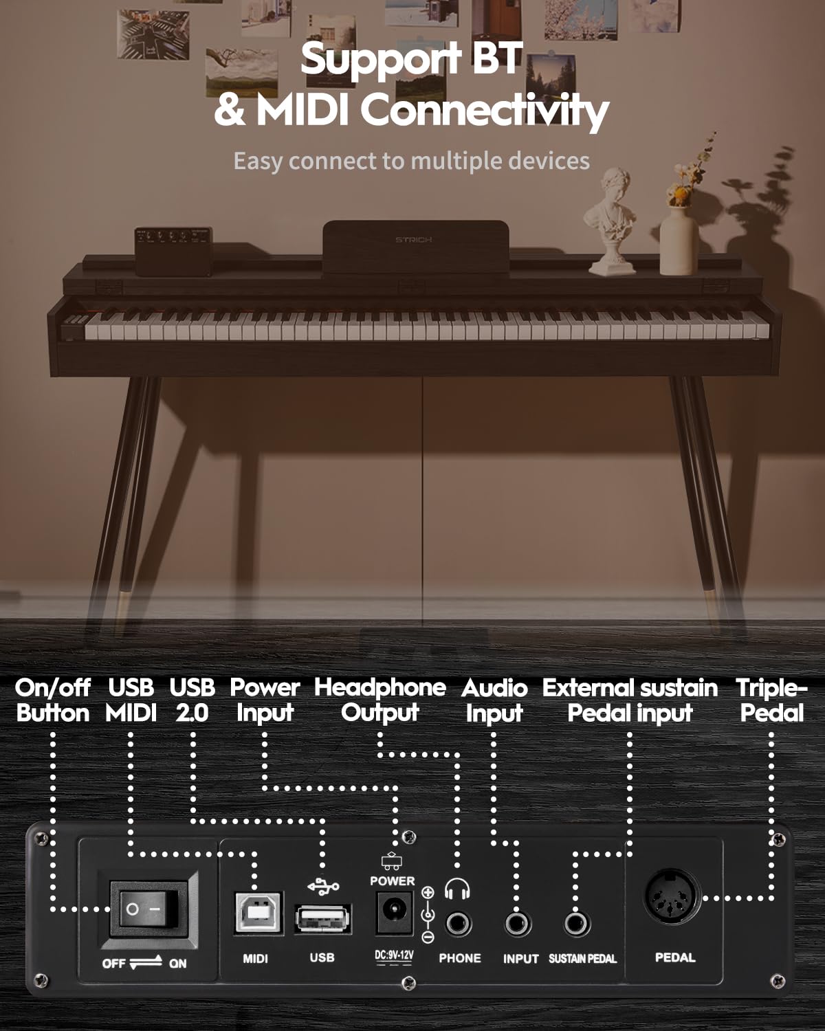 STRICH Piano numérique à 88 touches, clavier lesté à action marteau, couverture de bureau complète avec support, haut-parleurs 25 W x 2, écouteurs, trois pédales, SDP-350S (couleur noir)