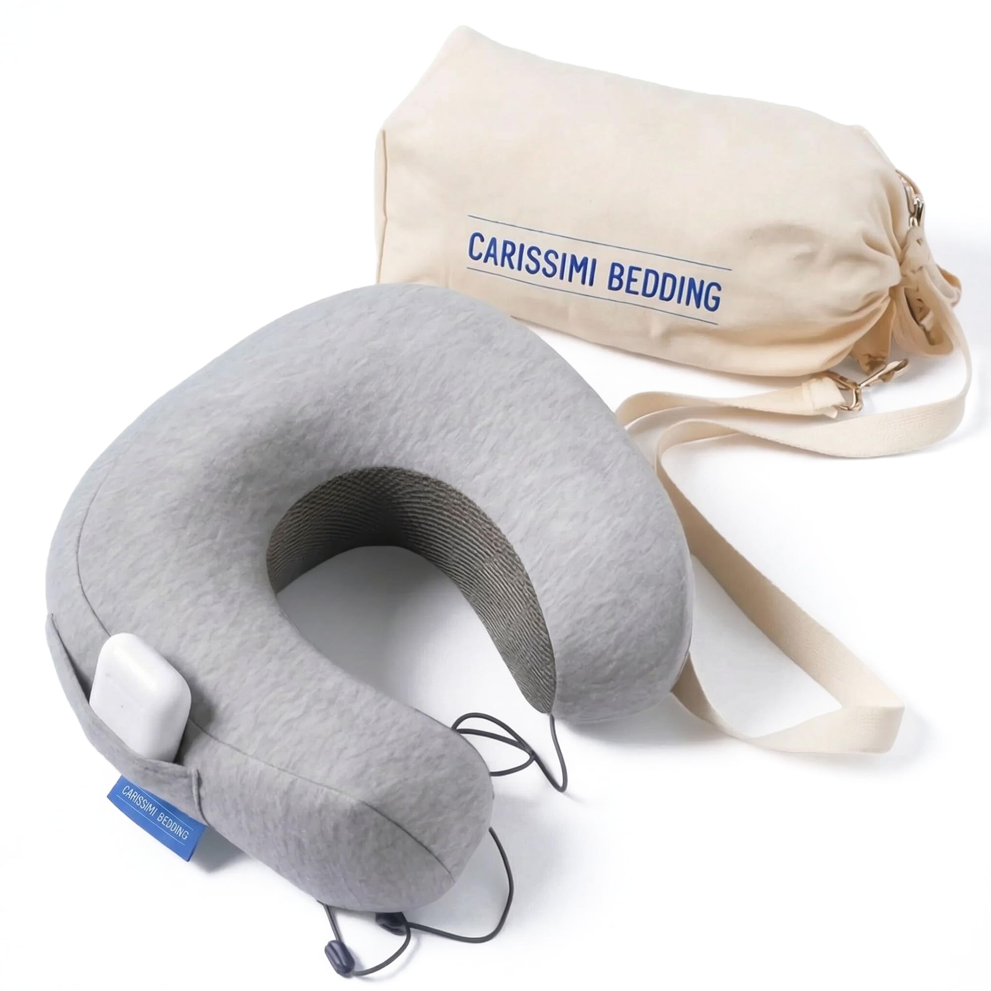 Carissimi Bedding Travel Neck Pillow with Bag – Compact Memory Foam Neck Pillow for Airplane, Car and Office – Ergonomic Design for Travel Comfort and