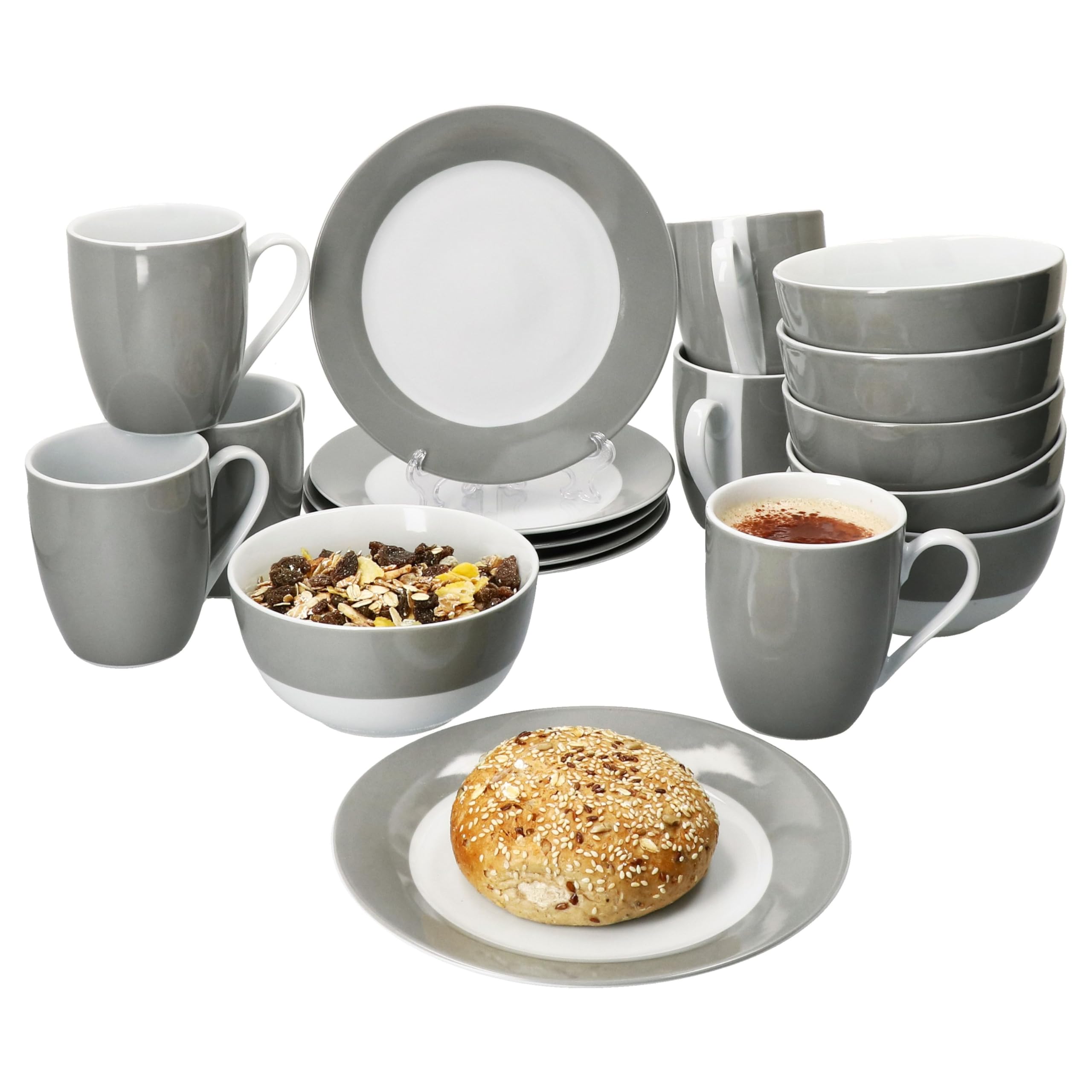 MamboCat Service de petit-déjeuner 18 pièces gris I 6 petites assiettes, bols de 450 ml et tasses à café 350 ml, hauteur 10,3 cm, pour 6 personnes, vaisselle en porcelaine pour le petit-déjeuner et le