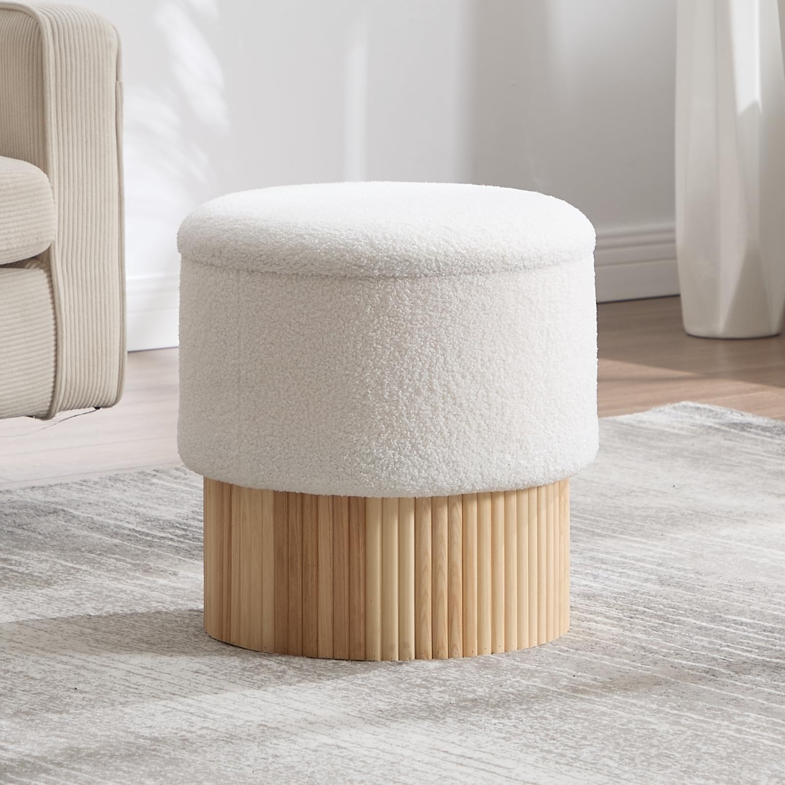 chairus Pouf Contenitore da Salotto in Pelliccia Sintetica, Bianco | Piccolo Poggiapiedi con Contenitore Sgabello Poggiapiedi con Seduta Imbottita e Ottomana Base in Doghe di Legno