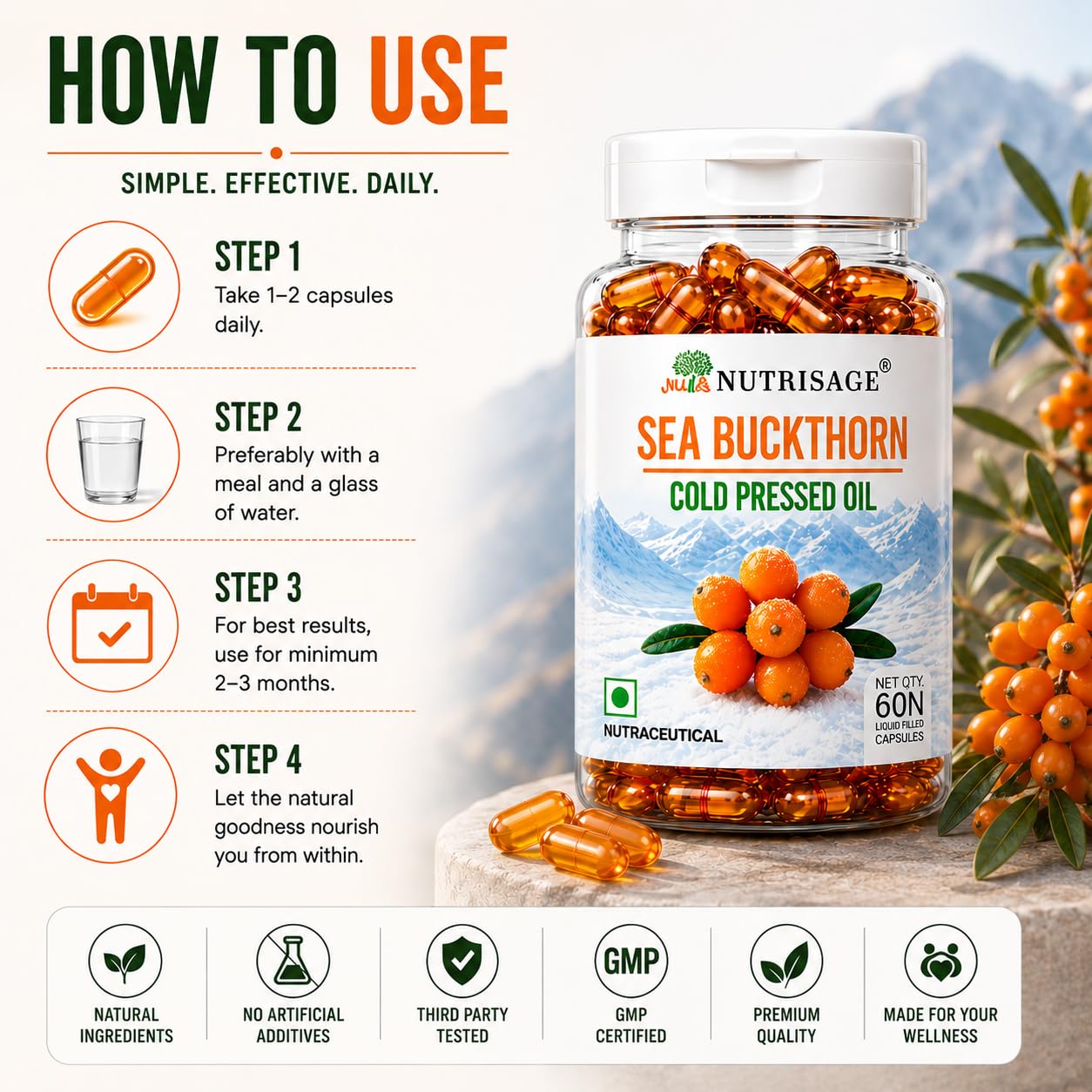 Sea Buckthorn Oil Capsules 1200mg Daily Serving | Cold Pressed Himalayan Omega 7 Formula | Supports Skin Hydration, Glow, Hair & Whole Body Wellness | Omega 3 6 7 9 | 60 Capsules — Amazon image 9