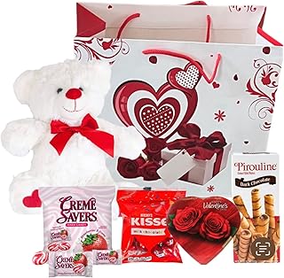 Valentines Day Gift Basket Set | Teddy Bear Plush (COLOR VARYS), Creme Savers Hard Candy, Individually Wrapped, Hershey Kisses Milk Chocolate, Heart Shape Elmer Chocolates Dark Chocolate or Hazelnut Pirouline Wafers, & Valentine Bag (Design Varies |