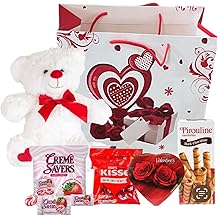 Valentines Day Gift Basket Set | Teddy Bear Plush (COLOR VARYS), Creme Savers Hard Candy, Individually Wrapped, Hershey Kisses Milk Chocolate, Heart Shape Elmer Chocolates Dark Chocolate or Hazelnut Pirouline Wafers, &amp; Valentine Bag (Design Varies |