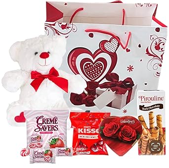 Valentines Day Gift Basket Set | Teddy Bear Plush COLOR VARYS, Creme Savers Hard Candy, Individually Wrapped, Hershey Kisses Milk Chocolate, Heart Shape Elmer Chocolates Dark Chocolate or Hazelnut Pirouline Wafers, Valentine Bag Design Varies |