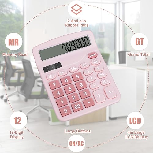 Miniatura 4 de Calculadora de escritorio, botones grandes de calculadora rosa, pantalla LCD grande de 12 dígitos, batería solar y AA de doble potencia,