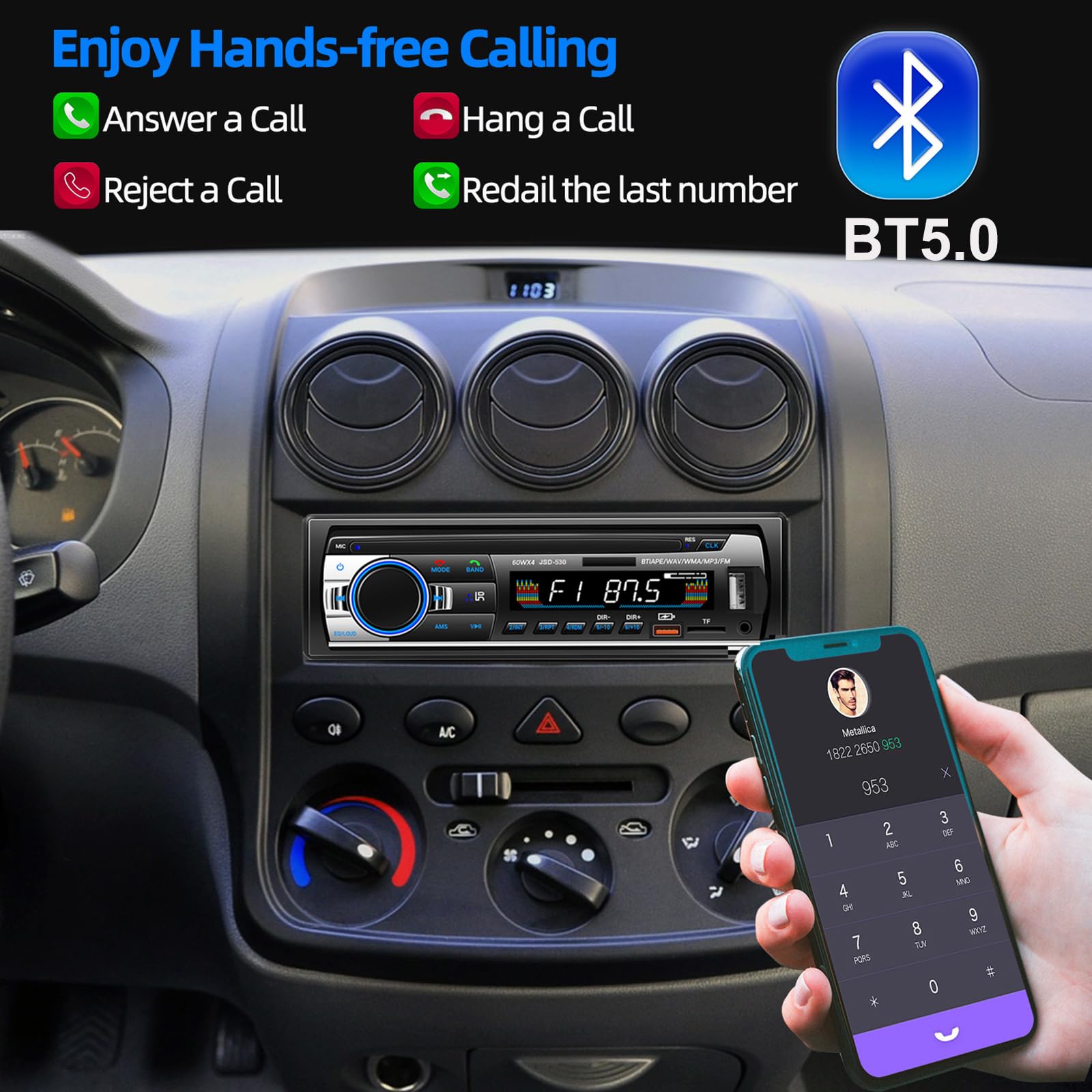 Autoradio Bluetooth 5.0, 4x60W 1 Din FM Auto Radio mit Freisprechfunktion, Stereo-Sound mit Uhr/Fernbedienung/Doppel-USB/LCD Bildschirm Unterstützt 2 USB/AUX/SD/TF/EQ/DSP