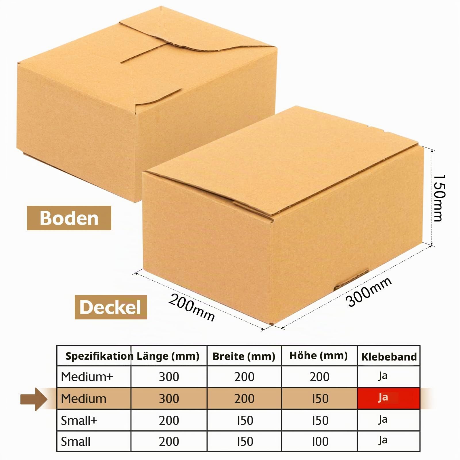 Konzept 11 Versandkarton 30x20x15cm Set 50 Stk. Faltkartons mit Deckel Selbstklebend, Kleine Kartons zum Verschicken, Verschiedene Größe