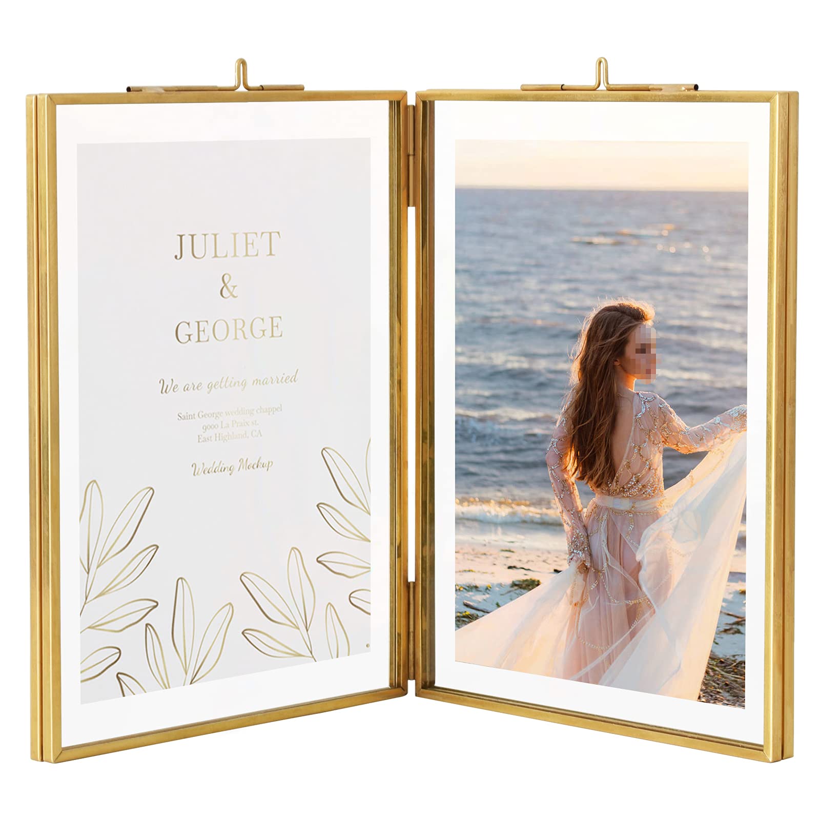 TLBTEK 7X5inch Brass Double Glass Picture Frame,Folding Gold Metal Pressed Clear DIY Vintage Artwork Display Frame