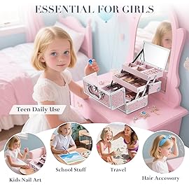 FRENESSA Makeup Case Organizer Portable Makeup Train Case Cosmetic Box with Mirror Jewerly Tray for Girls Nail Supplies Make Up Cases Organizers and Storage Kids Craft Case Pink