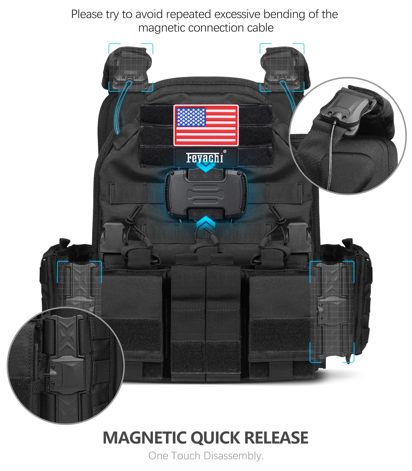 Feyachi Chaleco táctico magnético para airsoft, sistema MOLLO, chaleco táctico multifuncional de liberación rápida, chaleco táctico ajustable de cuerpo completo, chaleco de desmontaje con un solo