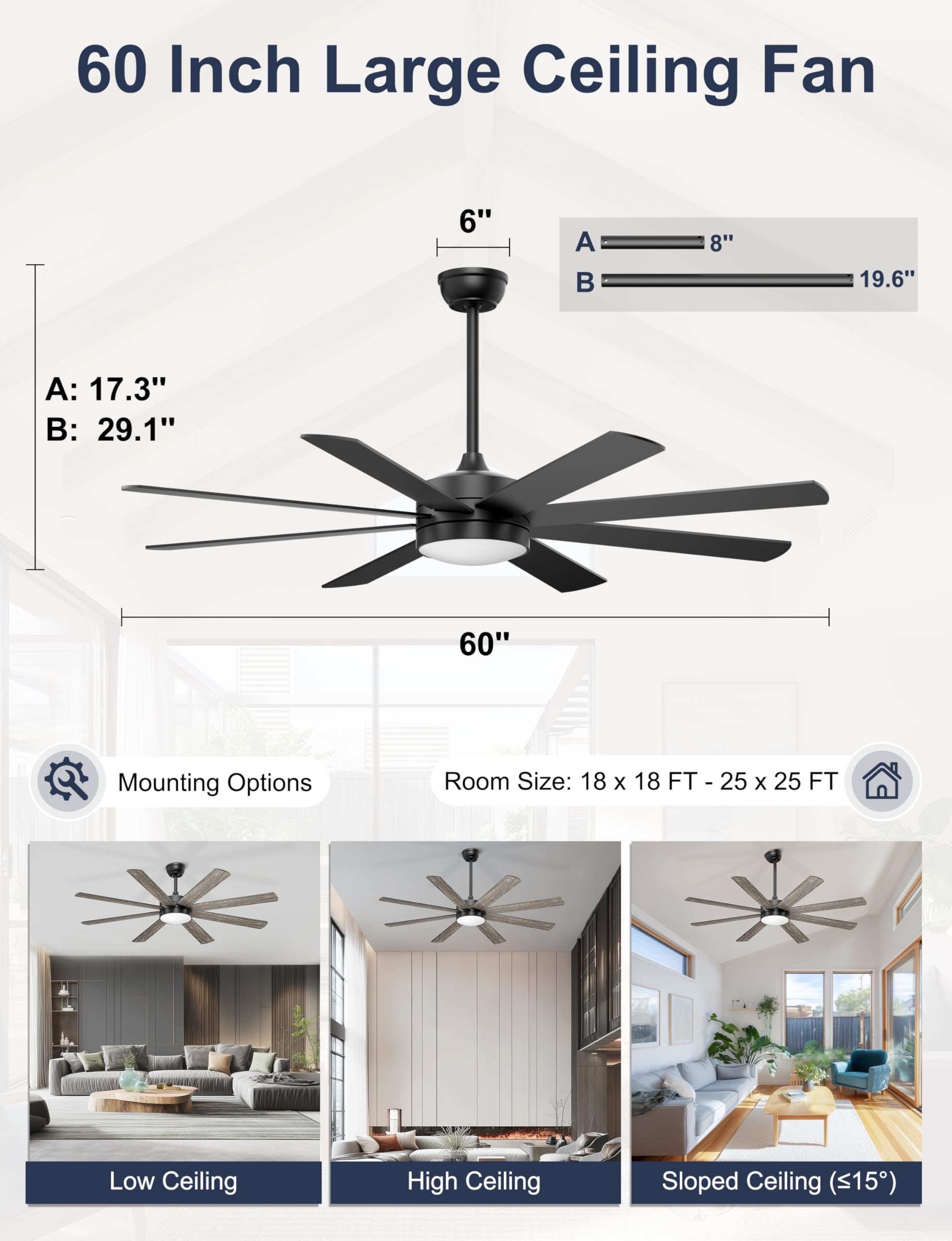 Ohniyou Ventilatore da Soffitto da 152 cm con Luce, Silenzioso, Ventilatori da Soffitto Moderni con Telecomando/app, Luce Regolabile, Motore DC Reversibile per Soggiorno Terrazza Interni Esterni, Nero