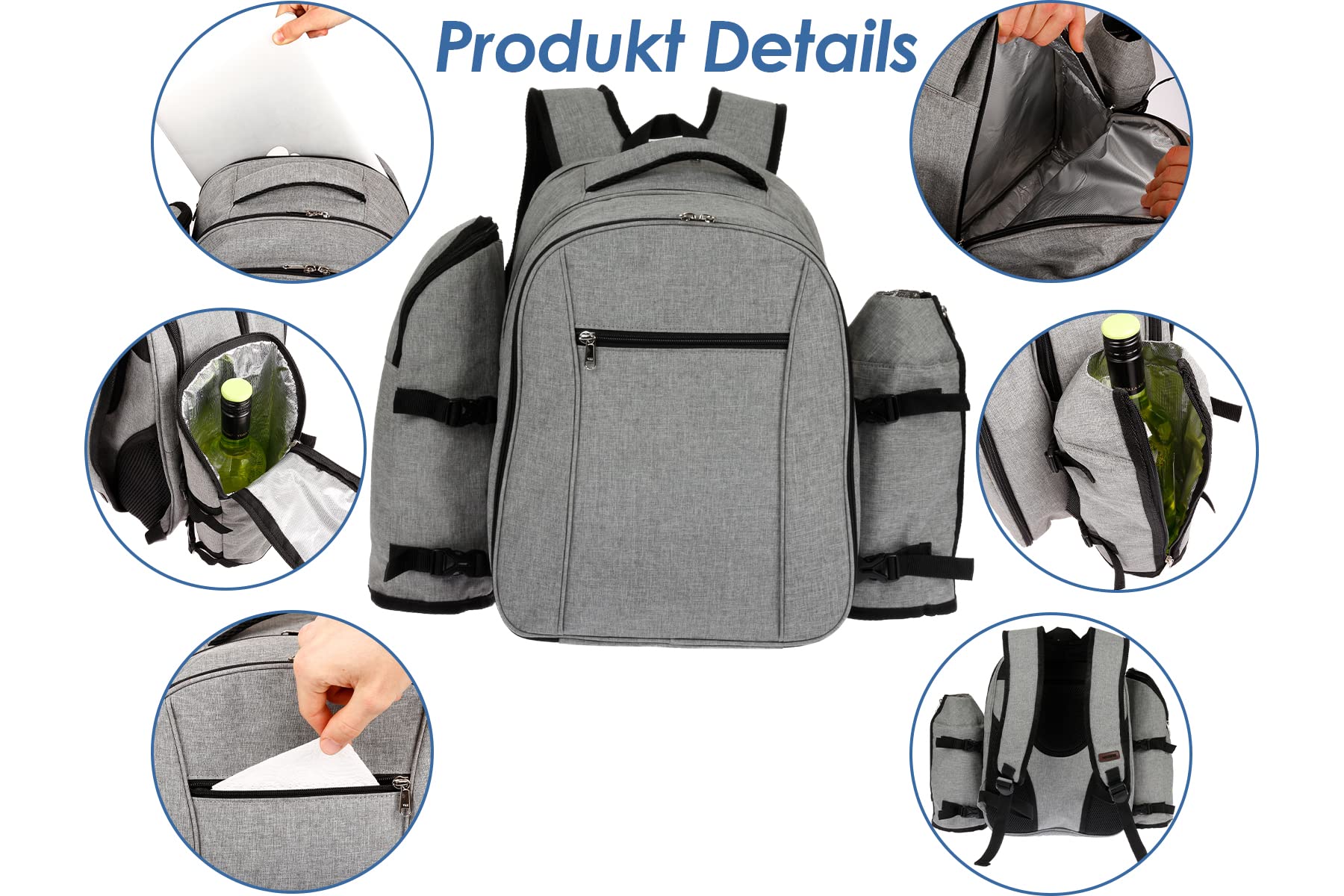Premium Picknickrucksack mit isoliertem Kühlfach und Flaschenhaltern für 4 Personen – Strand Wandern Picknick Camping Grill BBQ Große Kapazität (Dunkelgrau)