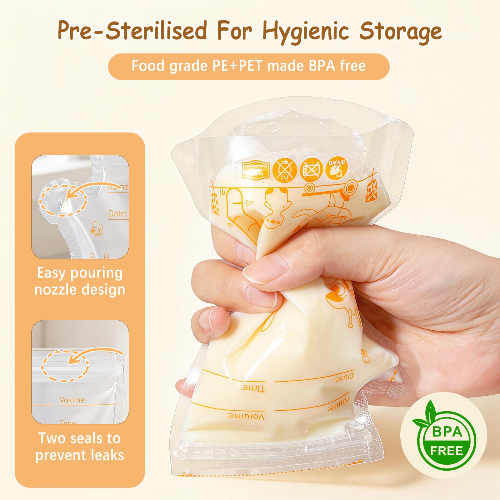Vinabo Sachet Conservation Lait Maternelle, 100 PCS Sac Congelation Lait Maternel, 180ml Conservation Lait Maternel Pré-stérilisés, Sachet Lait Maternel Double Glissière de Sécurité