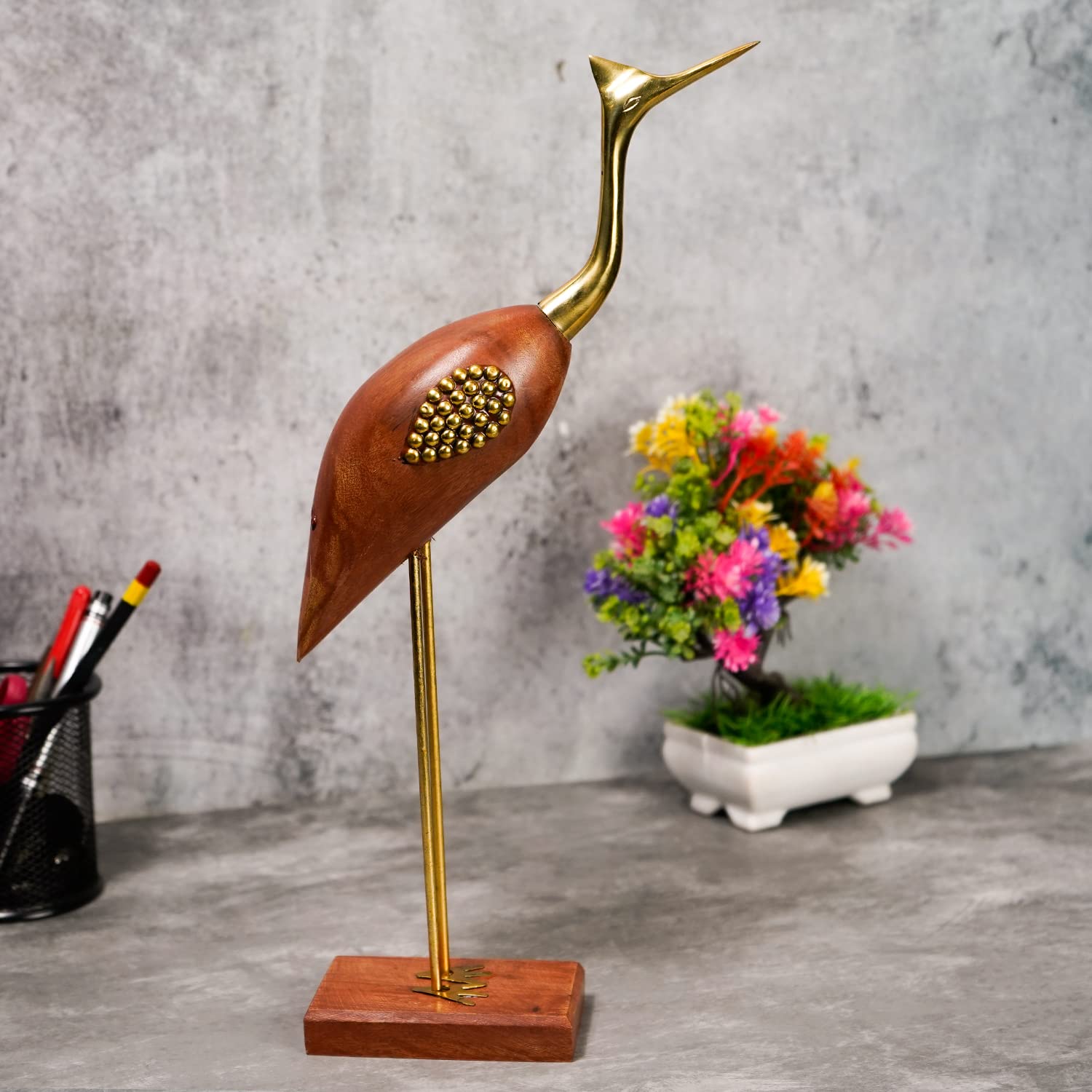 Naayaab Craft Good Luck Swan Home Decor Showpiece, Idols, Figurine for Home Office Décor,Love Bird Saras Made of Pakka Sheesham Wood and Brass - (Maroon, 12inch) Set of 2, Love 4