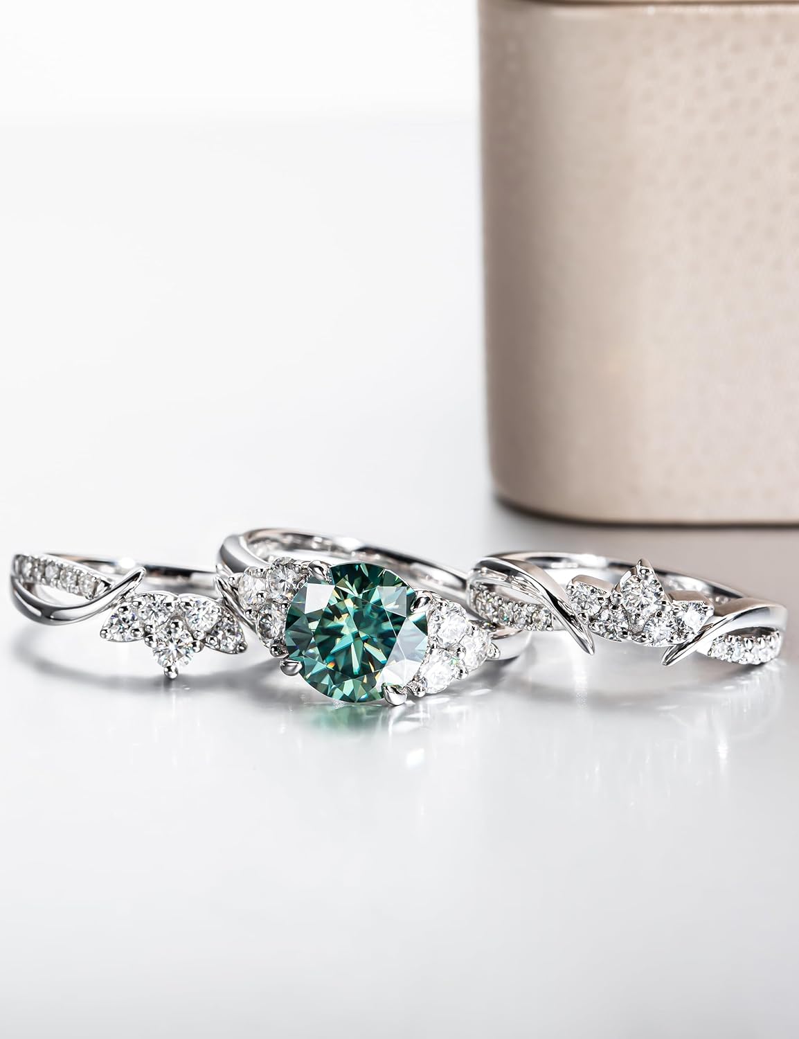 CannyCat Fancy Vivid Blue Green Moissanite Wedding Band Ring Set for Women 4.2 cttw Moissanite Engagement Rings Platinum-Plated Sterling Silver Wrap Guard Enhancers Anniversary Bridal Sets (size-6.5)