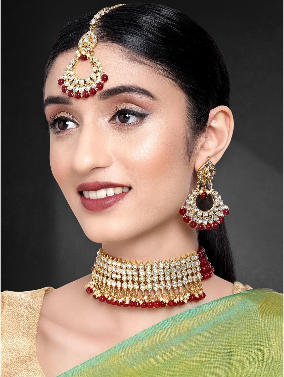 Aheli Beautiful Handcrafted Maang Tikka with Earrings Necklace Set Kundan Bharatanatyam jewellery set Champagne with Beads Gift for Women - Image 2